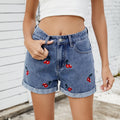 Fashion cross-border foreign trade women's new style  independent station washed versatile cherry embroidered denim shorts hot pants