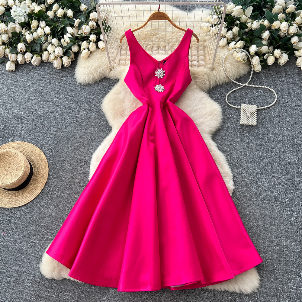 Accessible luxury socialiteclassy sense of heavy industry diamond-encrusted v neck suspender waist dress female french large swing fluffy dress