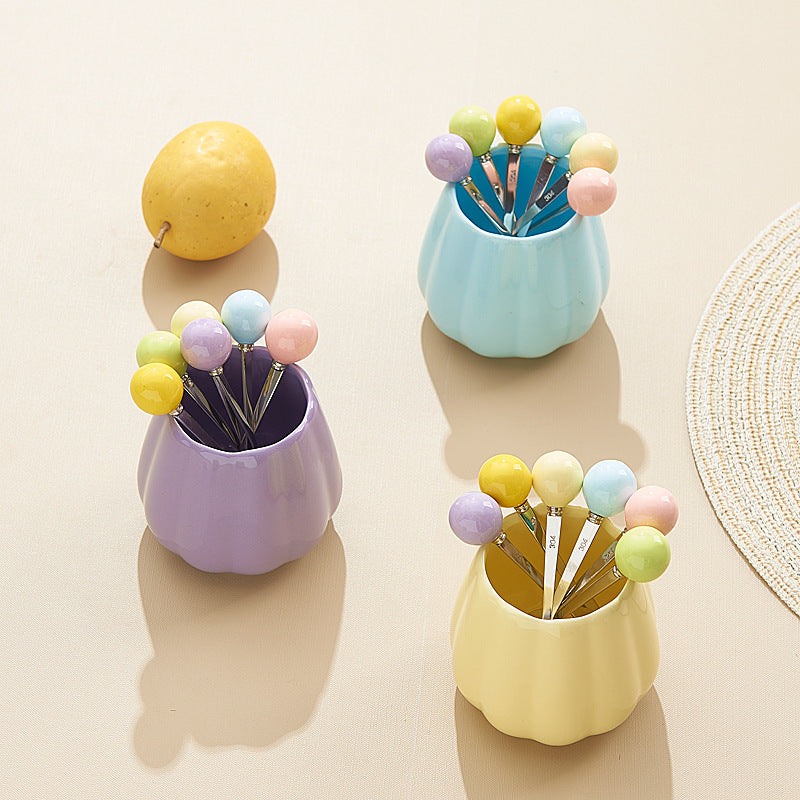 Dopamine color mixing stainless steel fruit forks, high-value afternoon tea dessert fork and spoon set with ceramic storage jar