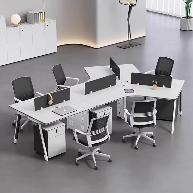 Steel frame asymmetrical creative three-person office desk and chair set, 6-seat employee workstation, minimalist modern computer desk