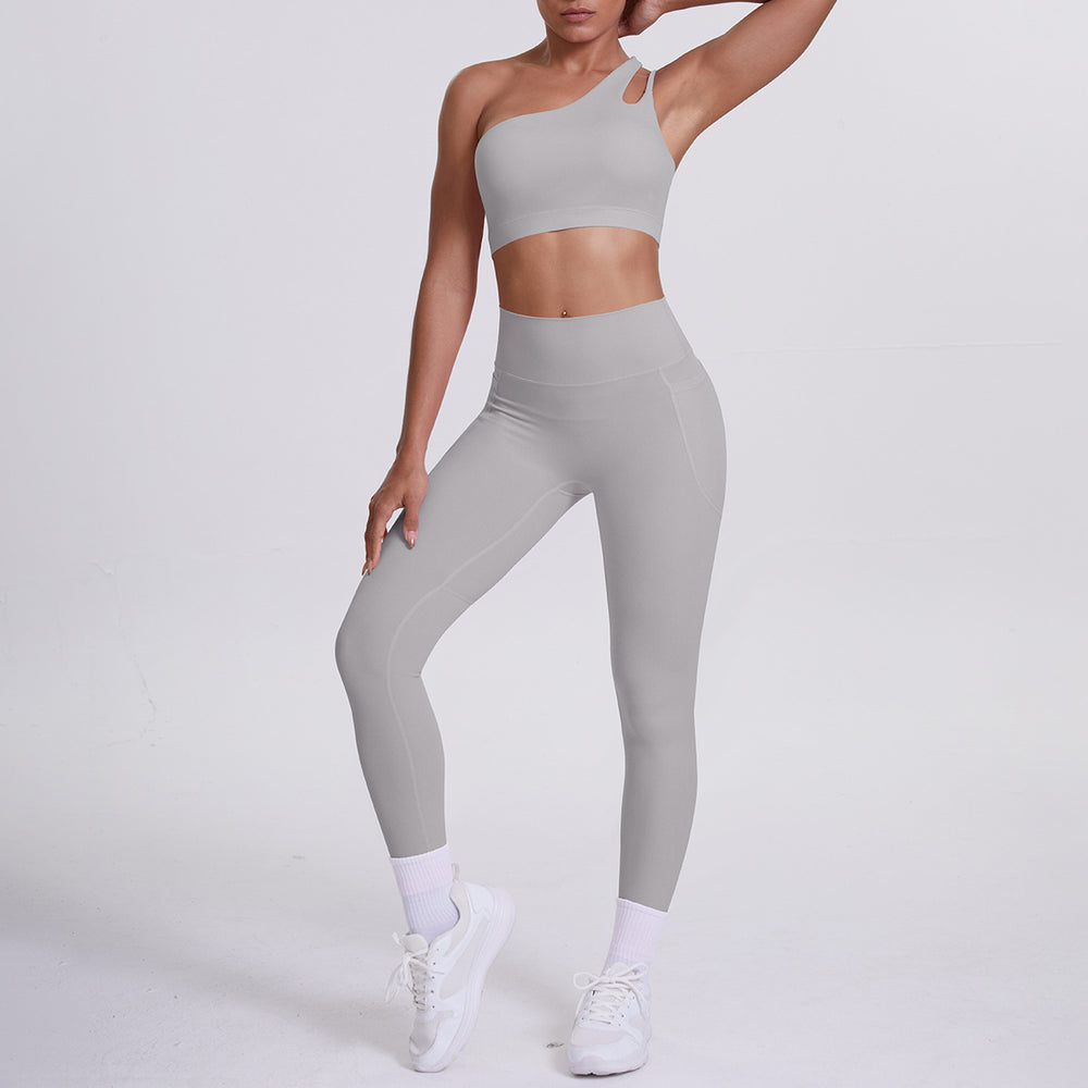 fashion double-sided brocade brushed single oblique shoulder yoga suit sports running fitness flap pocket pants pants two-piece set