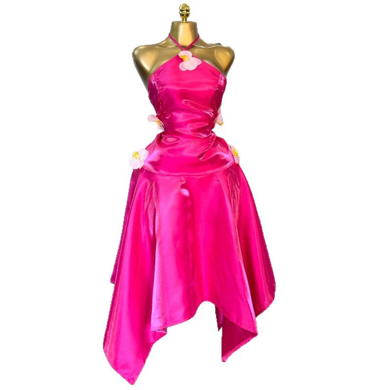 European and american cross-border women's fashion:  summer new arrivals - sexy and elegant butterfly embellished high-waisted halter neck asymmetrical dress