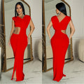 C7061 cross-border   independent station fashionable women's solid color sleeveless deep v dress new arrival