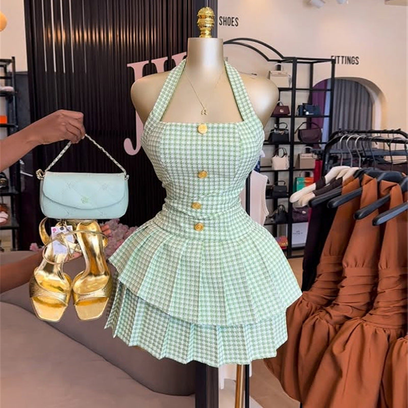 European and american women's clothing 2020 autumn new sweet and fresh plaid halter neck tube top backless high waist slimming pleated skirt