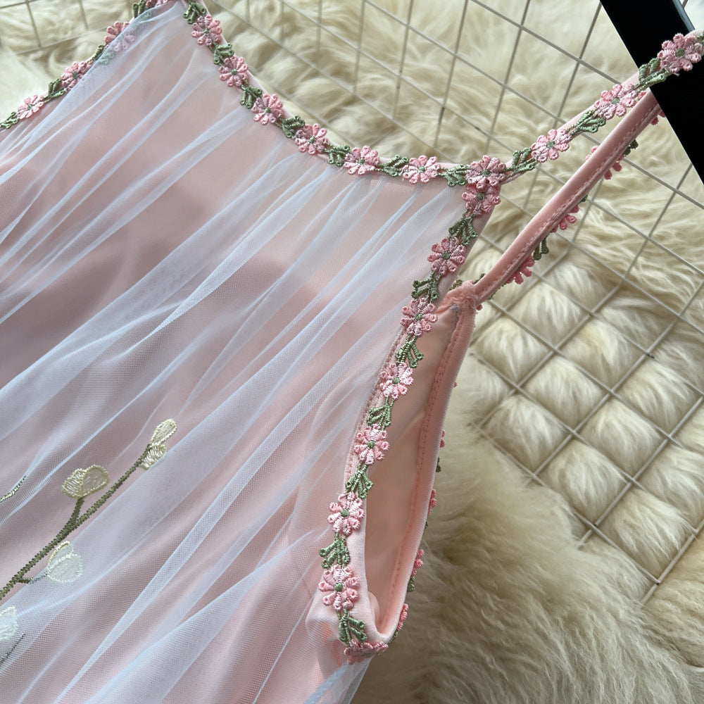 Super fairy stereo flower embroider mesh dress female summer sleeveless a-line elegant long skirt slimming look beautiful dress