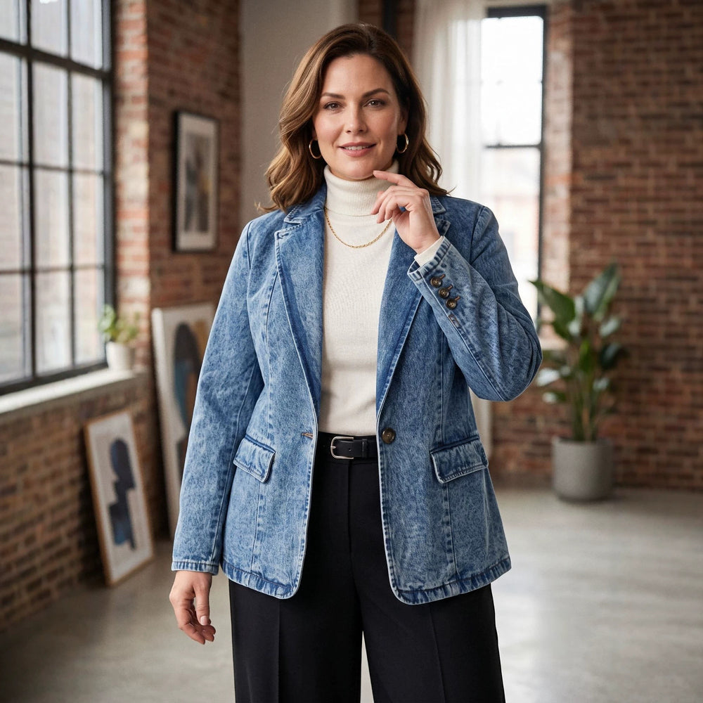 new arrivals: plus-size women's mid-length washed denim blazer - perfect for , , and european & american markets