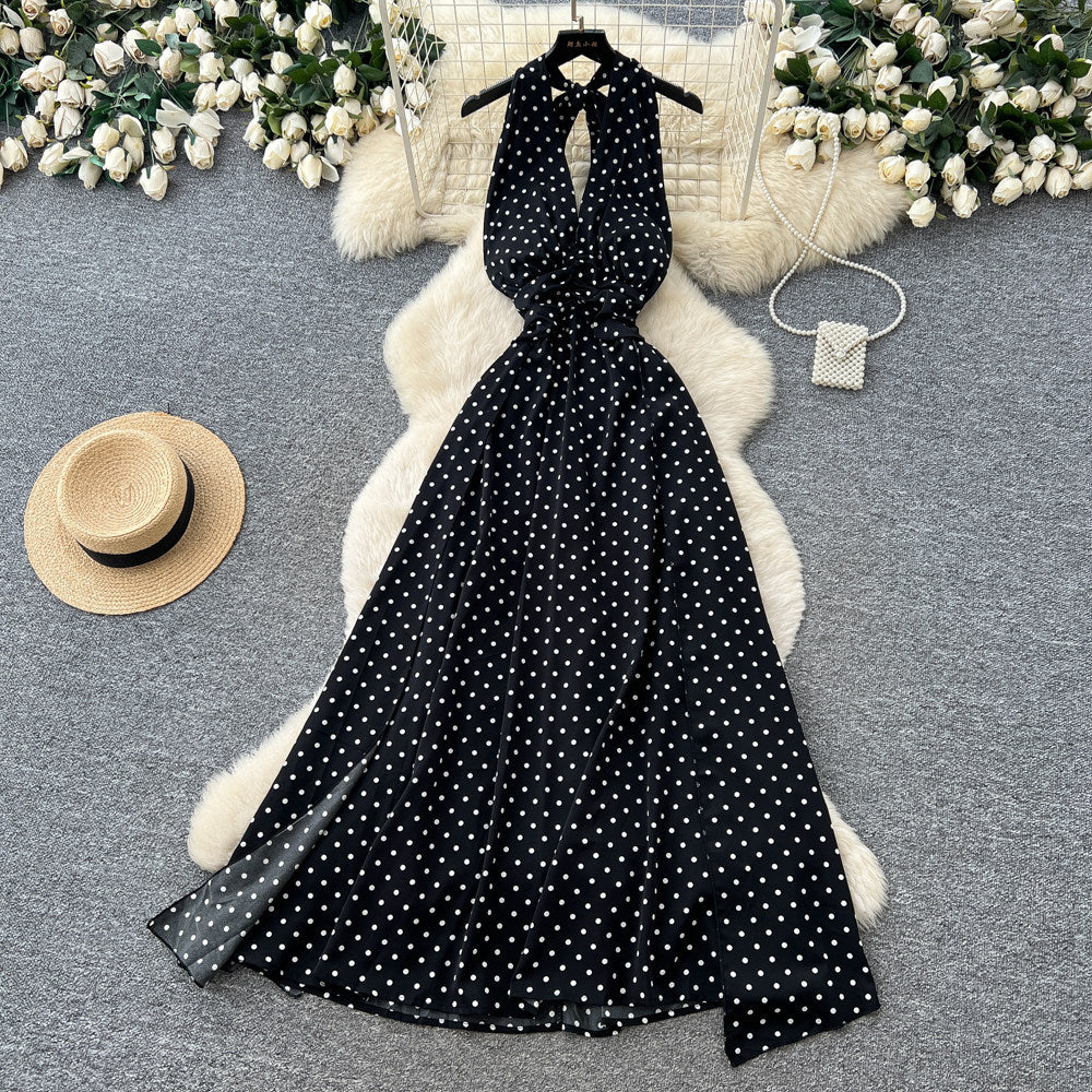 French halter polka dot pure desire backless dress women's summer v neck waist elegant vacation style elegant long skirt
