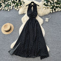 French halter polka dot pure desire backless dress women's summer v neck waist elegant vacation style elegant long skirt
