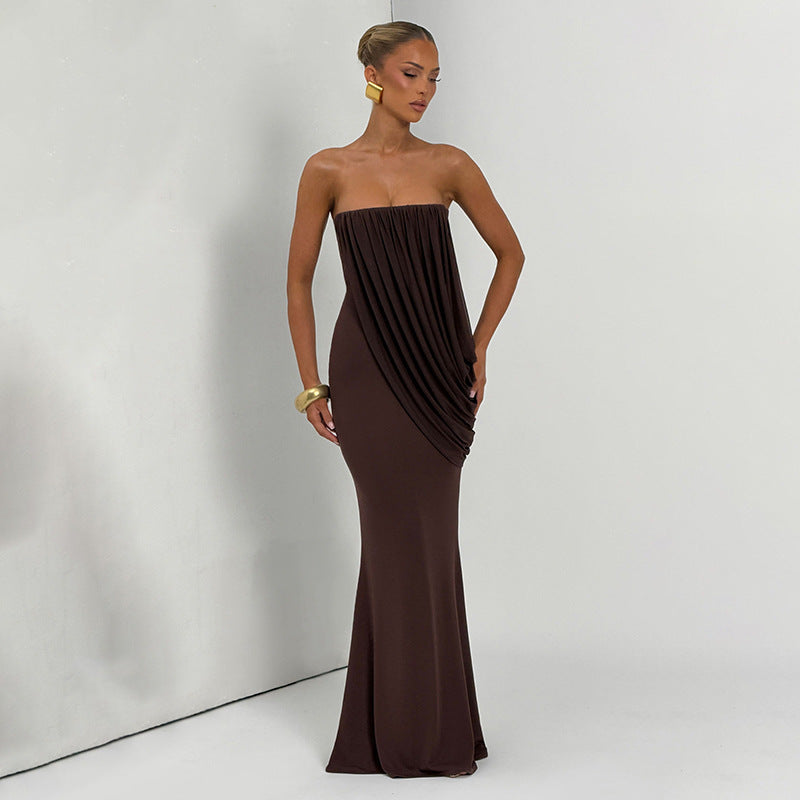 European and american cross-border women's fashion:  summer new arrival - elegant socialite solid color bandeau ruched mesh bodycon dress