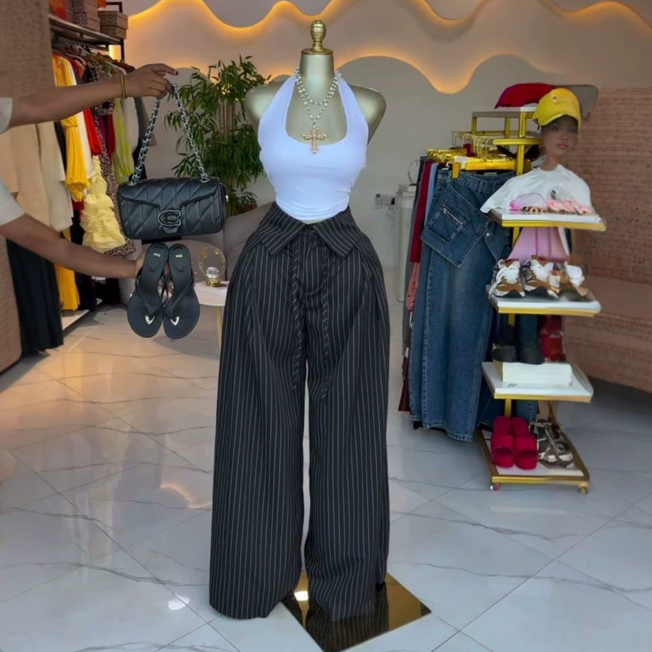 European and american cross-border women's fashion:  summer new arrivals - high-waisted, designer striped wide-leg casual pants with tie details