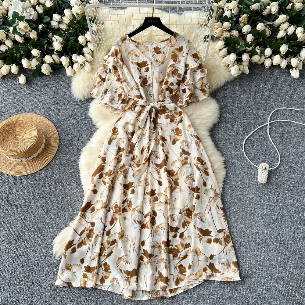 Gentle style female niche styleretro tea break v neck bell sleeves tie back waist slimming look a-line large swing floral dress for women