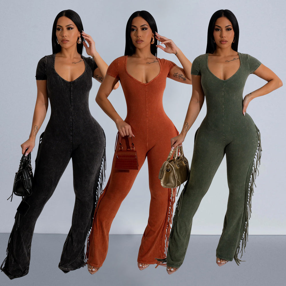 C6981 cross-border   independent station fashion women's clothing multi-color optional short sleeve jumpsuit long
