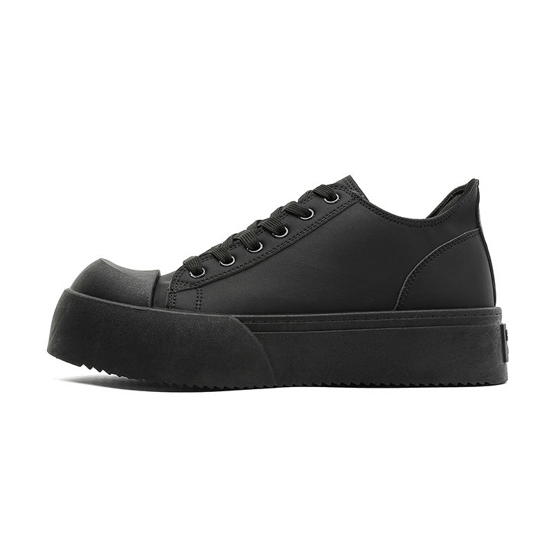 Spring chunky sneakers: black platform height increasing athletic casual board shoes, versatile commute leather low-top wear-resistant derby shoes