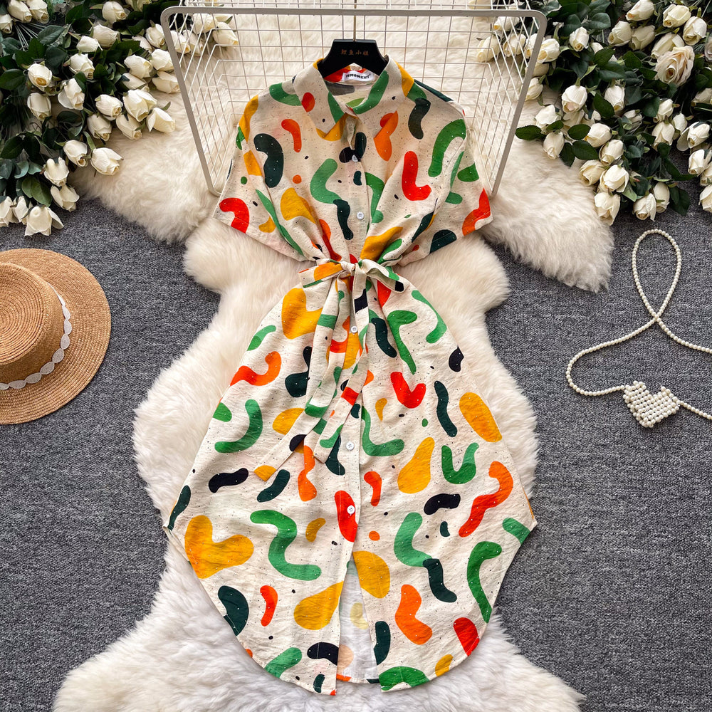 K-style printing short sleeve dress women's  summer waist slimming look a-line skirt work clothingelegant shirt skirt