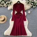 Celebrity niche styleclassy sense v neck two capsules button long sleeves waist knittingdress female autum inner wear sweater long skirt