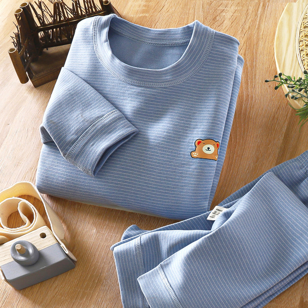Kids' boneless fleece-lined turtleneck thermal underwear set - new autumn collection for boys and girls - striped, extra thick, warm innerwear set