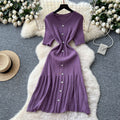 Xiaoxiangfeng fashionablefashionable round neck short-sleeved metal buckle waist knittingdress female summerslimming looksweater long skirt