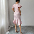 new arrival tweed style dark gray tweed short sleeve dress round neck contrast color button fishtail skirt short skirt