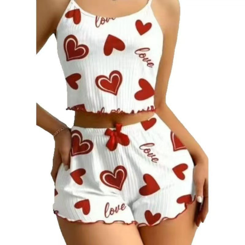 European and american export hot-selling ribbed knit heart print sweet cami and shorts two-piece set lingerie sleepwear