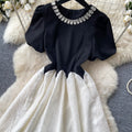 Ladies style black waist a-line dress women's summer playful short-sleeved diamond collar contrast colorslimming look age-reducing skirt