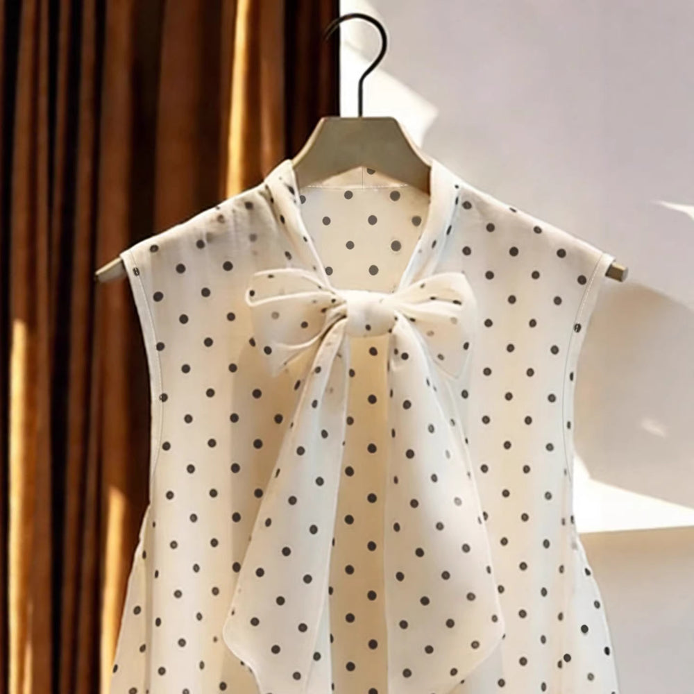 new european and american sleeveless chiffon polka dot blouse - women's vest style, chic tie-up bow shirt