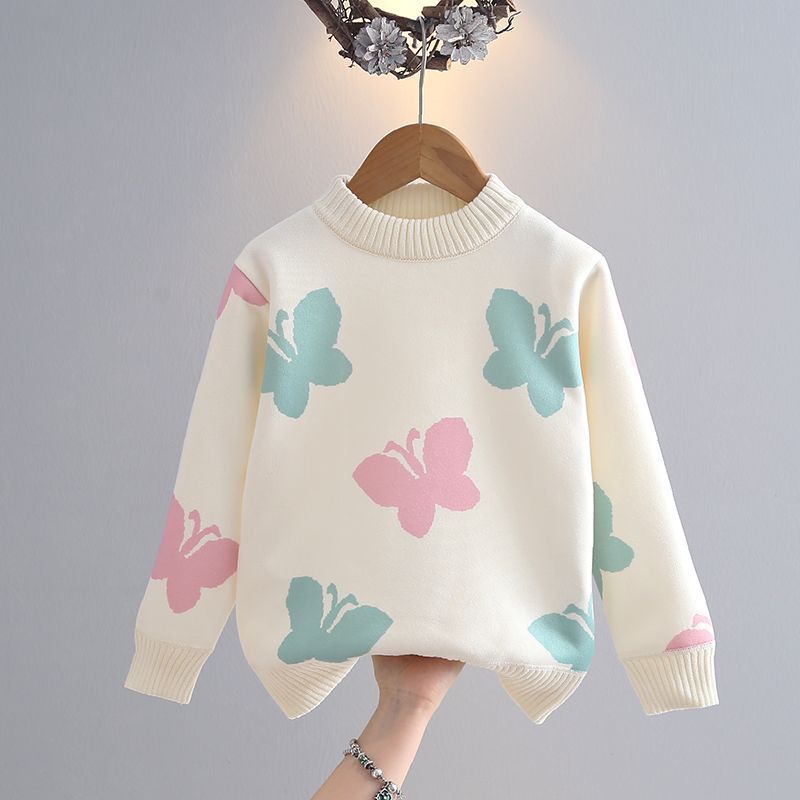 Girlsweaterfleece-linedthickened autumn winternew arrivalk-styleeasiest for matchbabyknitting bottom shirtkids styletops