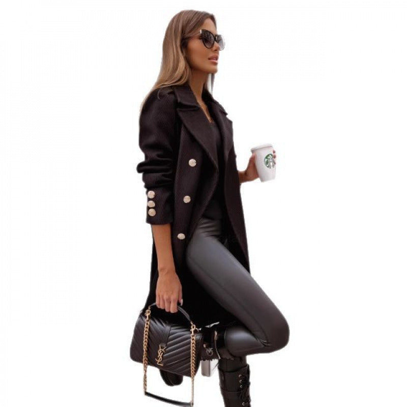e-commerce european and american women's clothing   spring double-breasted mid-length woolen casual coat