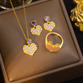 【set】titanium steel necklace for women, sweet full diamond dreamy purple heart pendant earrings, high-end elegant jewelry set