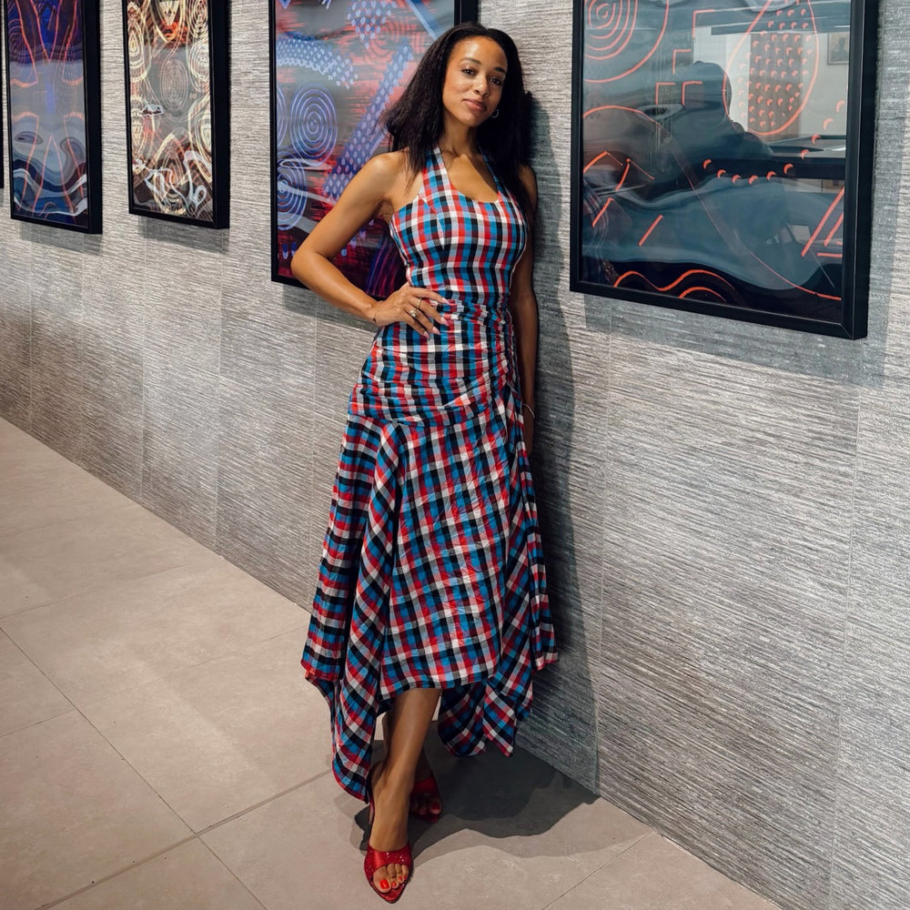 European and american cross-border women's fashion:  summer new collection - chic halter neck plaid ruched bodycon asymmetrical slip dress