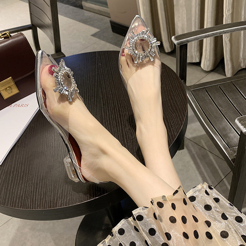 2025 spring/summer new pointed-toe thong sandals with sunflower detail, clear crystal, chunky heel, and wine glass heel for women