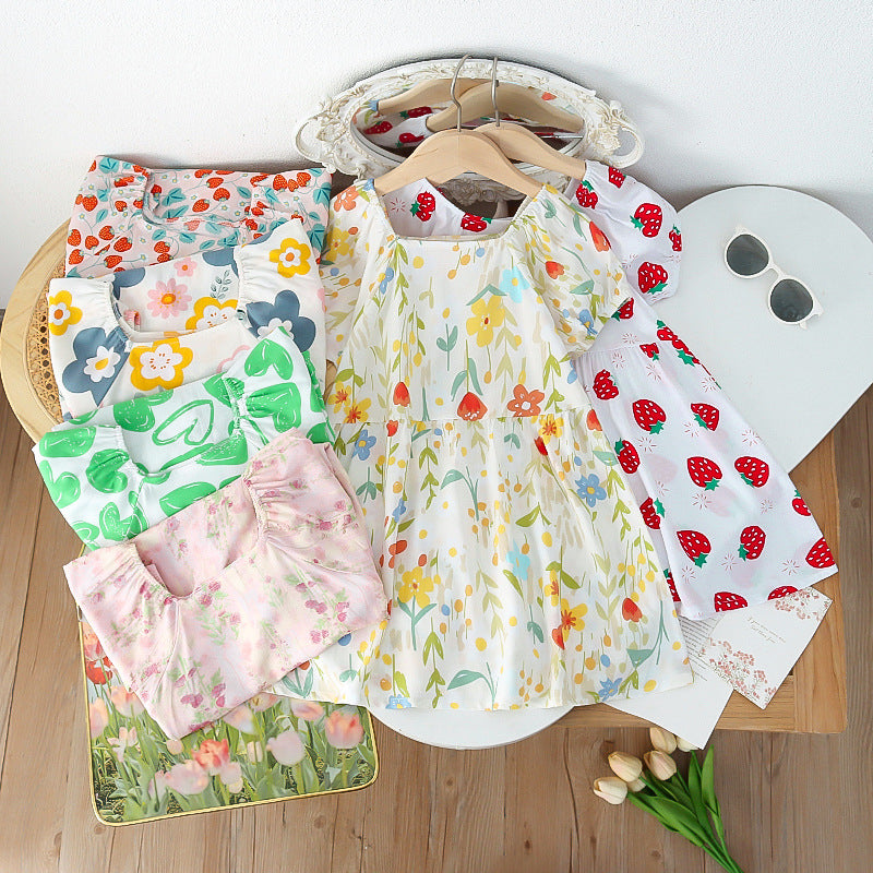Girls' summer floral dress - trendy bubble sleeve sundress for kids - stylish cartoon print dress