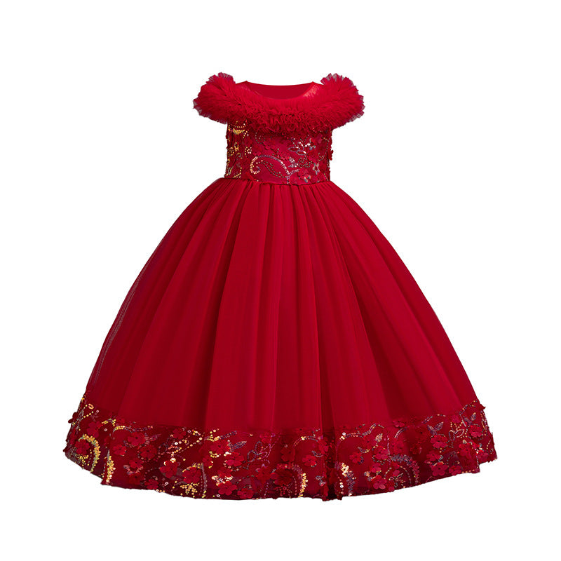 export girls' formal dress with lace and mesh – perfect for piano recitals, festive celebrations, and elegant hostess outfits – wholesale available