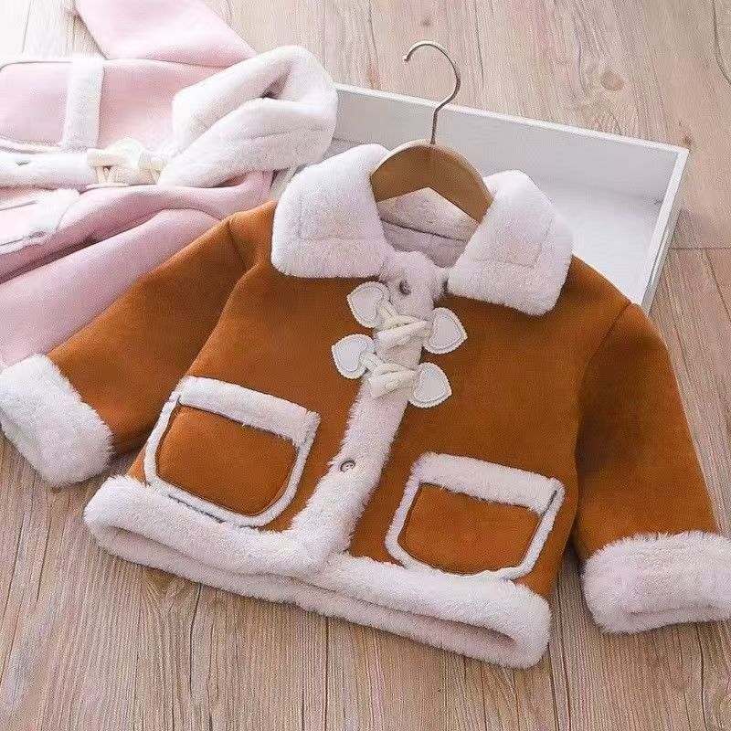 Girls' winter fleece-lined thickened sweater, new stylish children's baby warm hooded outerwear, princess style for baby girls