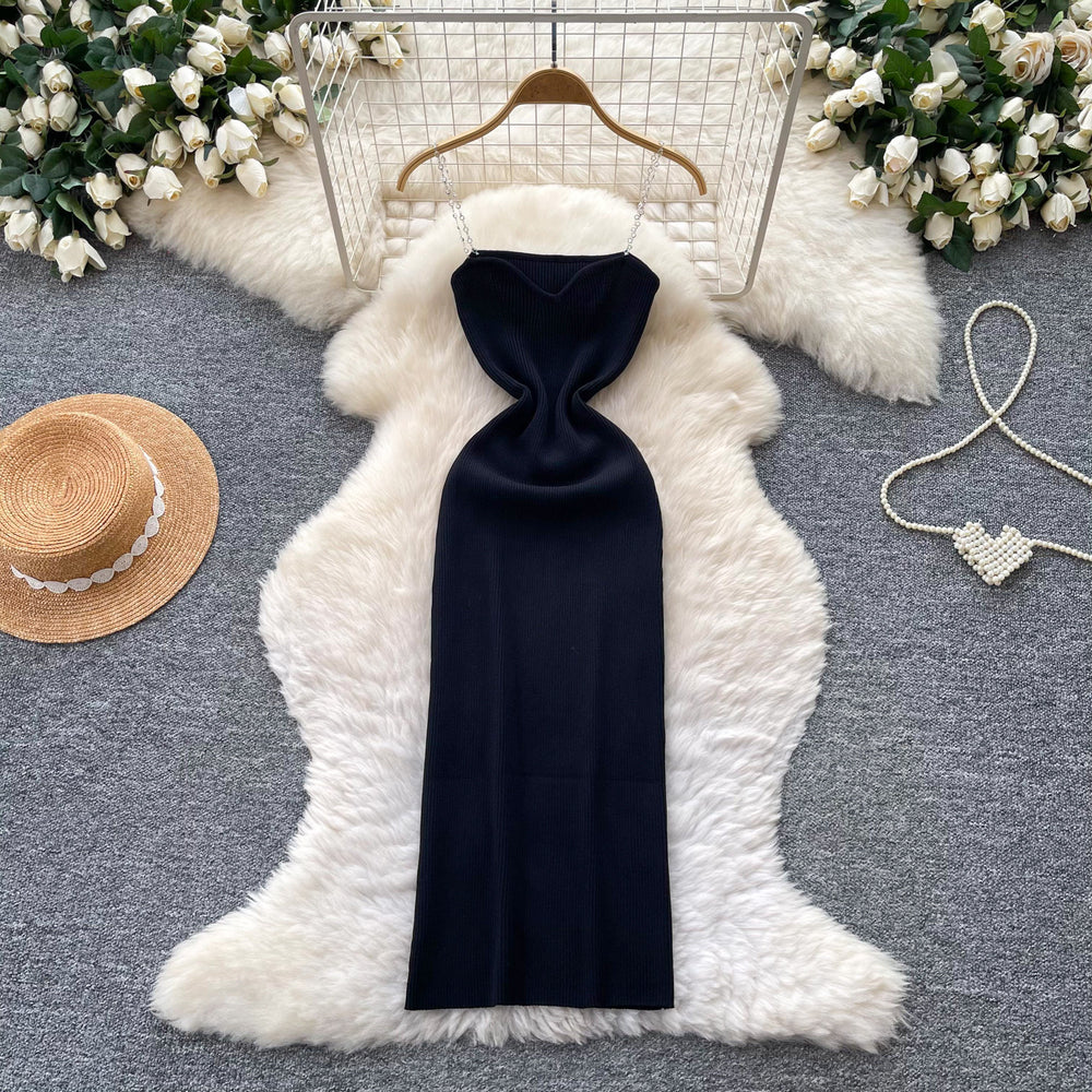 Luxury sleeveless chain strap knit dress - women's summer slimming sexy a-line dress - commute-friendly high-end maxi dress