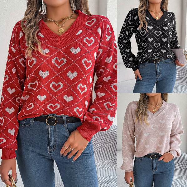 Real shot 2023 autumn and winter sweet contrasting color love lantern sleeve pullover sweater, independent station  European and American women's clothing