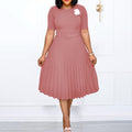 Belted european and american style new summer  round neck midi pleated skirt plus size african cross-border dress