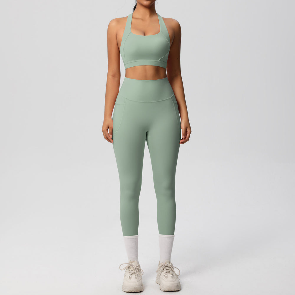 European and american cross-border yoga double-sided brushed tank top & shockproof pocket pants pilates running fitness yoga outfit two-piece set
