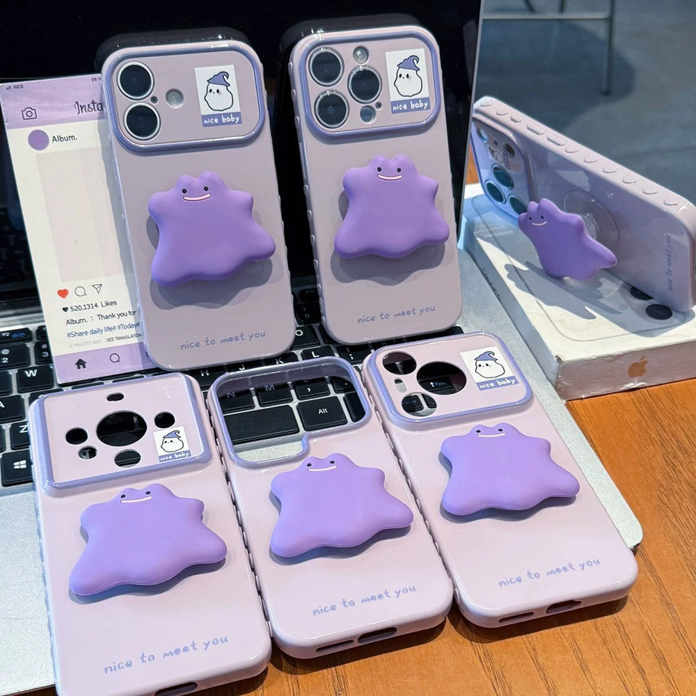 Suitable for iphone 18 purple little monster holder mobile phone case apple 17pro ghost sticker cute protective cover