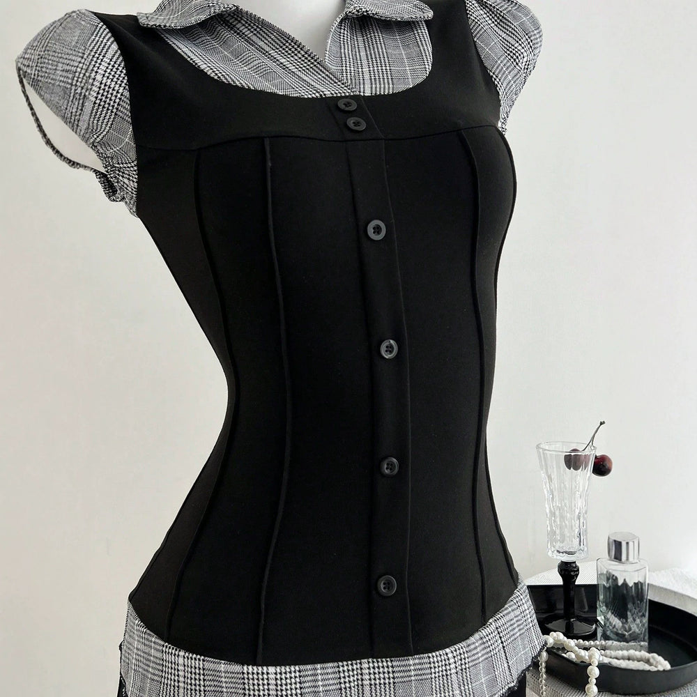 G1 - in-stock 73633#  cross-border european and american plaid color block faux two-piece slimming women's short-sleeve t-shirt