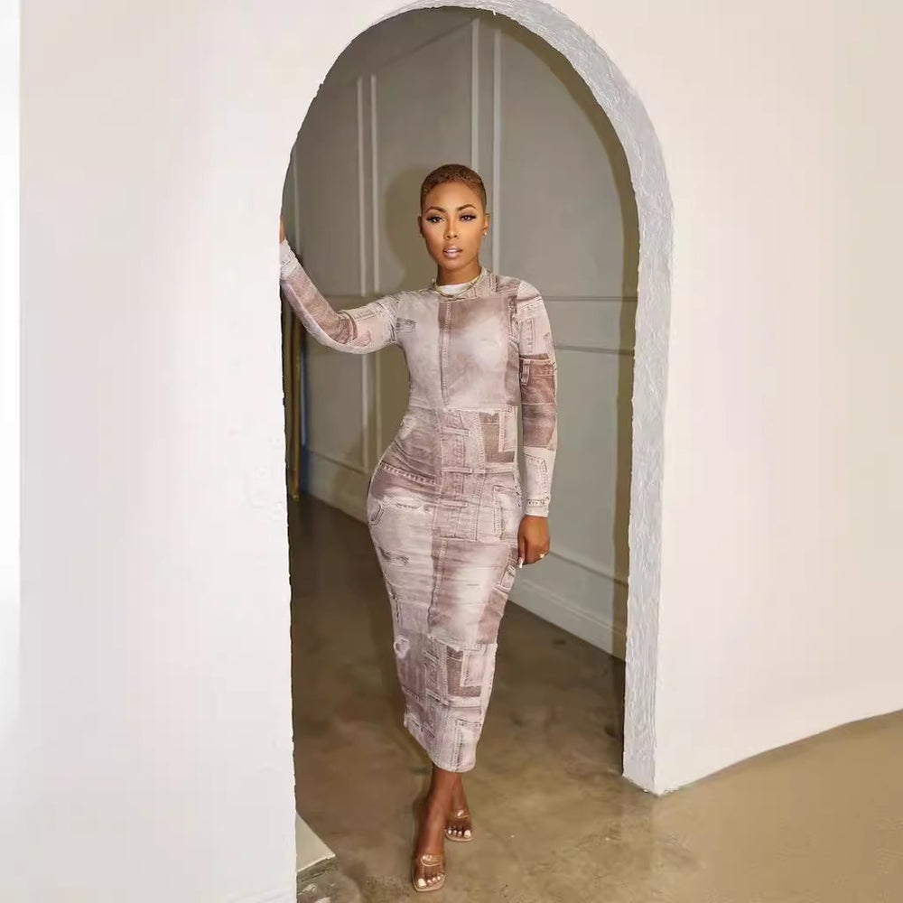 cross-border fashion: european & american autumn women's printed round neck long sleeve bodycon midi dress