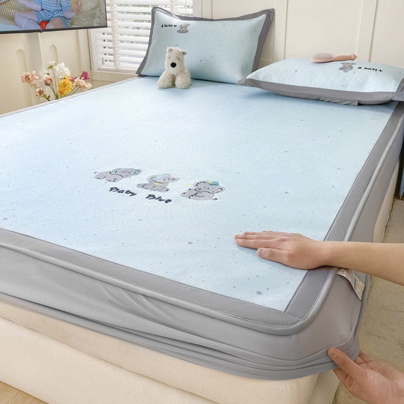 Summer ice rattan mat three-piece cartoon mattress foldable embroidered ice silk mat can sleep naked air conditioner soft mat