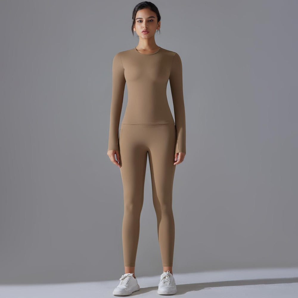 new arrival: brushed nylon long-sleeve yoga set - high-stretch, breathable, compression activewear two-piece for running and fitness