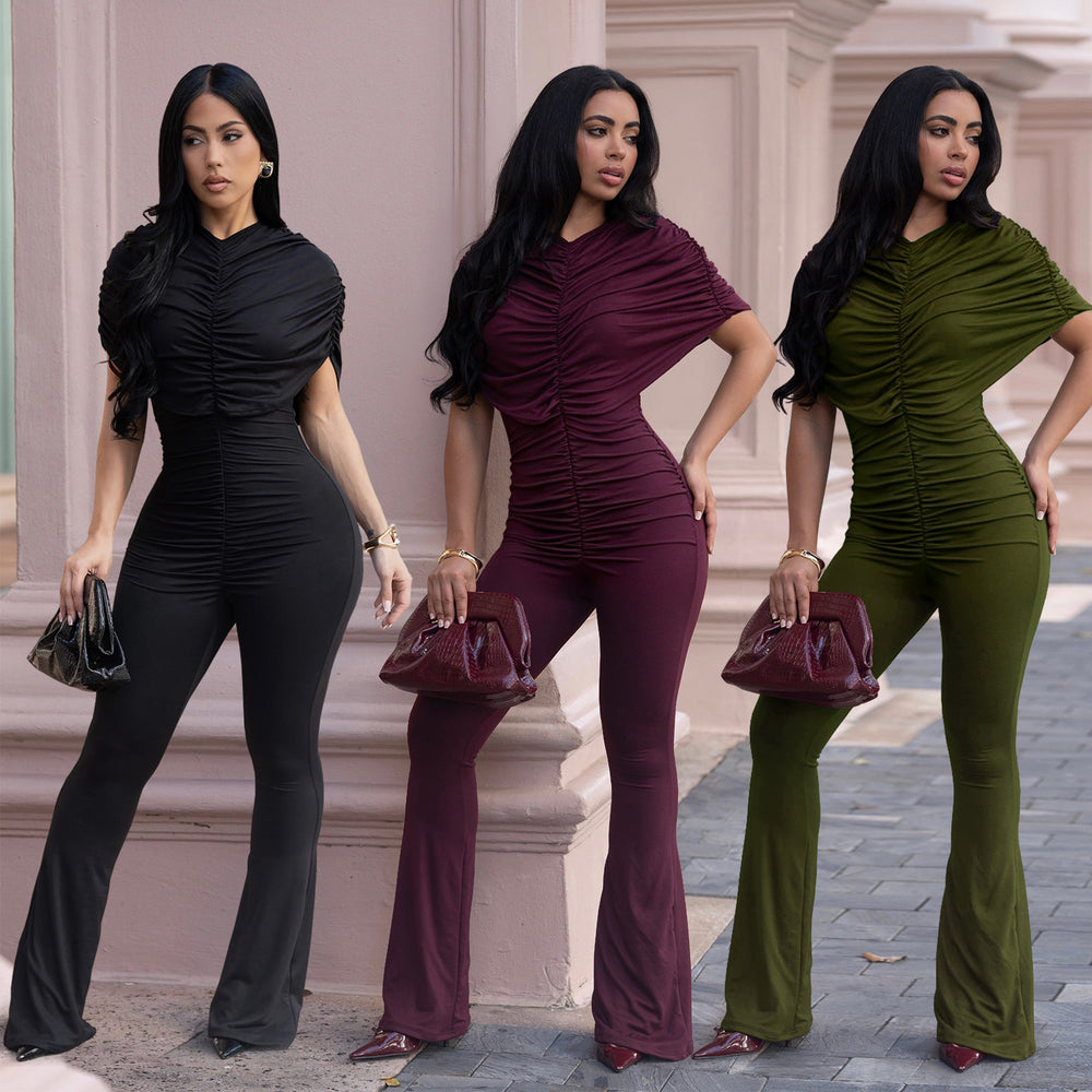C7651 cross-border   fashion women's elegancefashion slim pure color wide leg jumpsuit