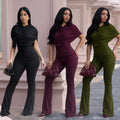 C7651 cross-border   fashion women's elegancefashion slim pure color wide leg jumpsuit