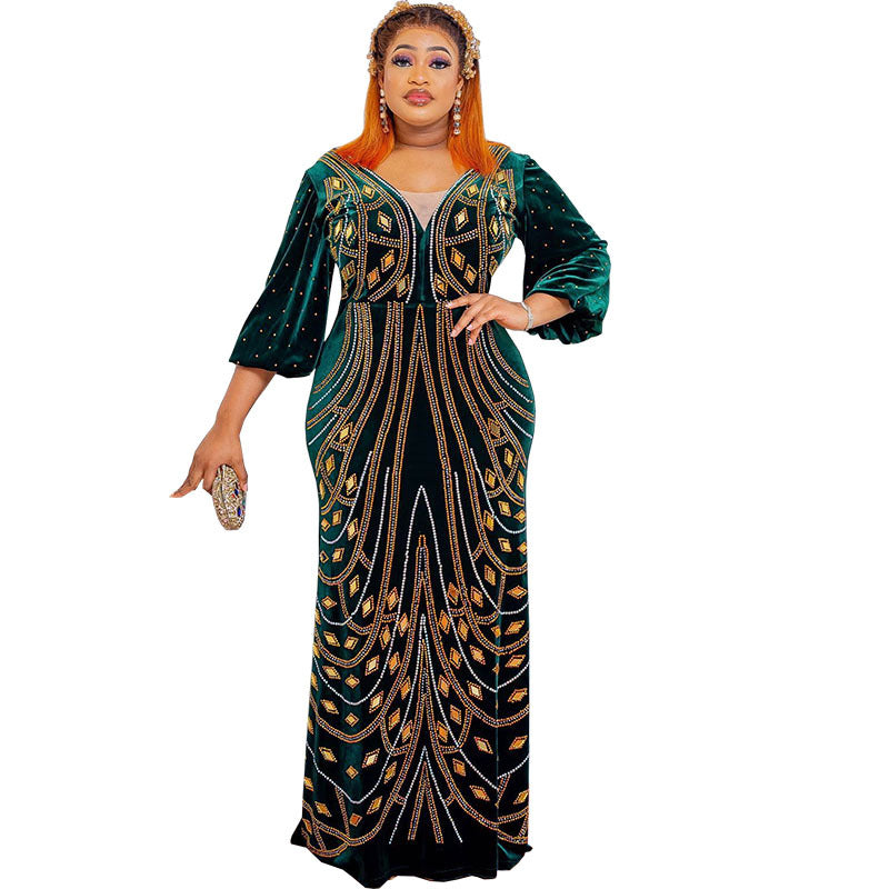 African cross-border supply  new style elegantwork clothing velvet patchwork mesh hot diamond hip-covering fishtail long skirt