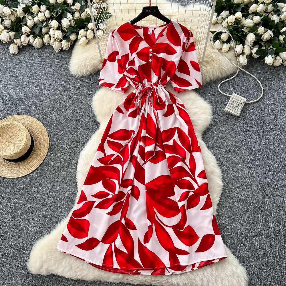 Frenchretrov neck drawstring waist short-sleeved printingdress women's summerslimming lookelegantretro over-the-knee long skirt