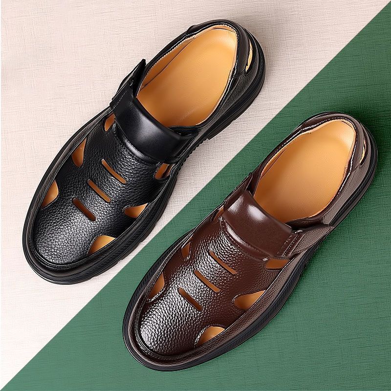 Special big salemen leather shoes summer new chinoiserie lightweight soft bottom crocs shoes breathable cut out men's shoes men sandals