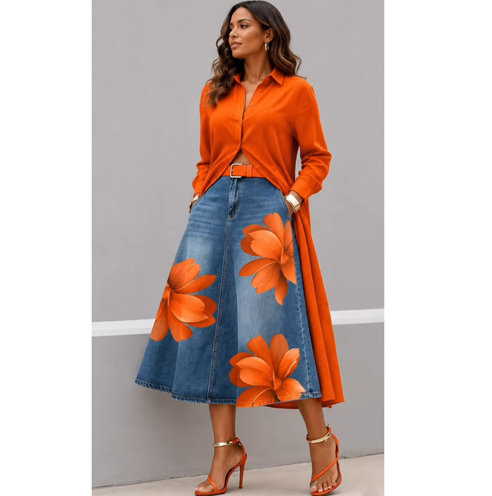 European and american new fashion printed denim skirt -  cross-border summer women's streetwear washed floral high-waisted midi skirt
