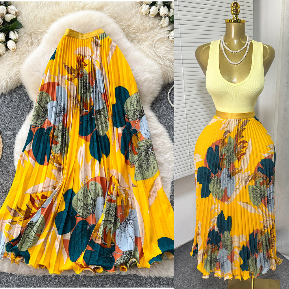 Vintage print pleated elastic waist fashion skirt - women's high-waisted a-line skirt - commute-friendly, flowy maxi skirt for summer