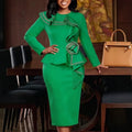 Autumlong sleevespatchworkpure color one-step skirt stereo flower rufflesilm hip-hugging work clothingdress dress